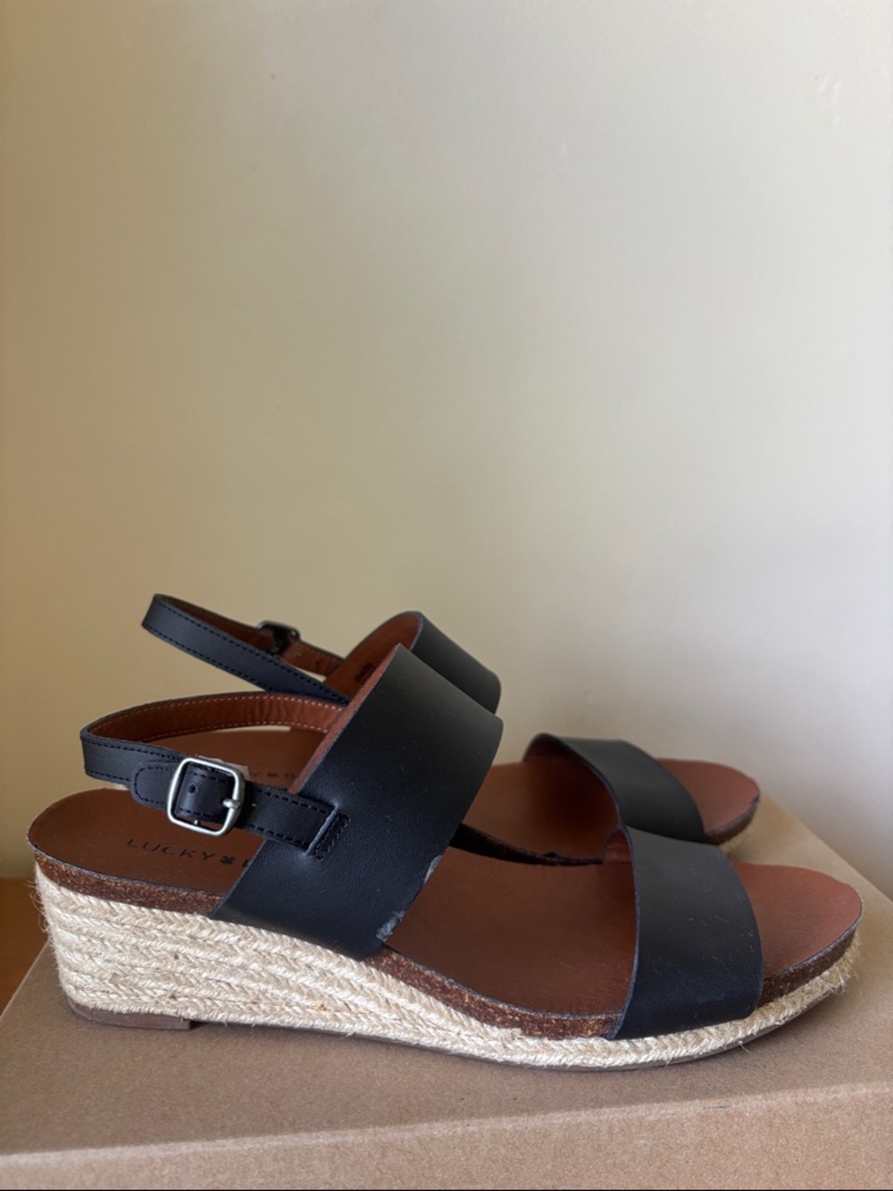 Lucky Brand Black Leather Espadrille Sandals Size Women's 9M